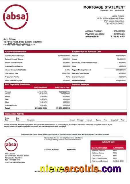 Mauritius Absa Bank mortgage statement Word and PDF template